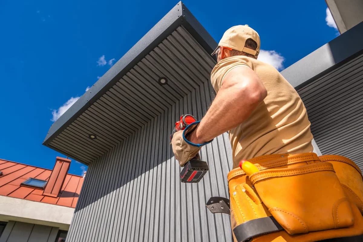 A worker installing exterior lighting against a blue sky
