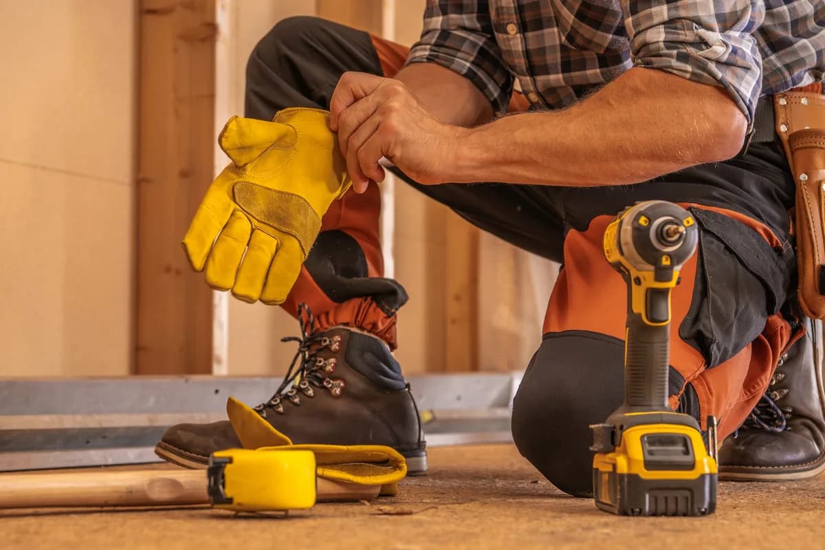 A worker kneeling with a cordless drill and tool belt